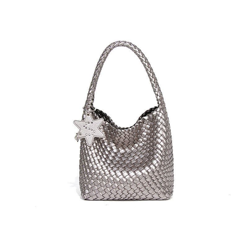 Woven Leather Shoulder Bag With Star Charm - Small