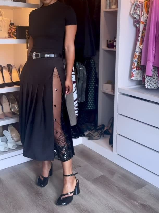 Black Pleated Midi Skirt