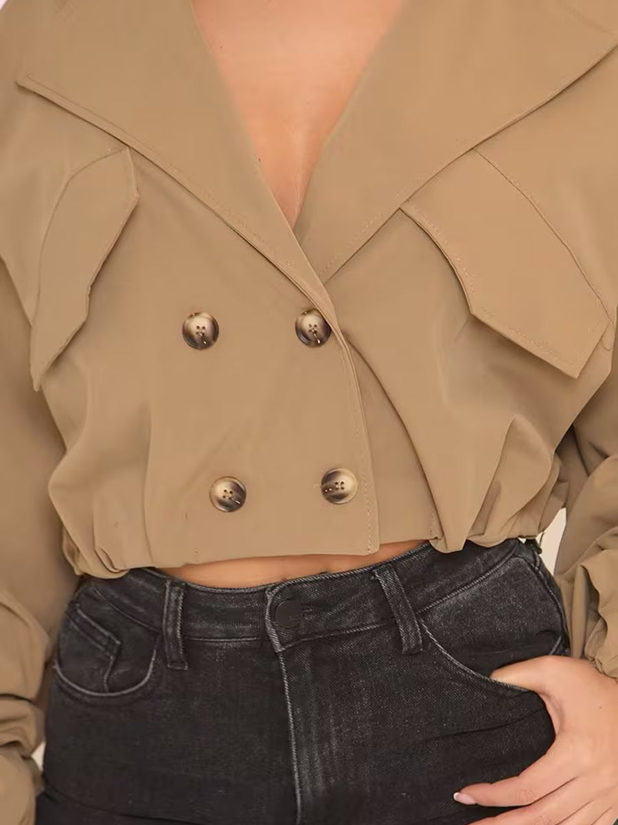 Cinched Waist Long Sleeve Cropped Trench Coat