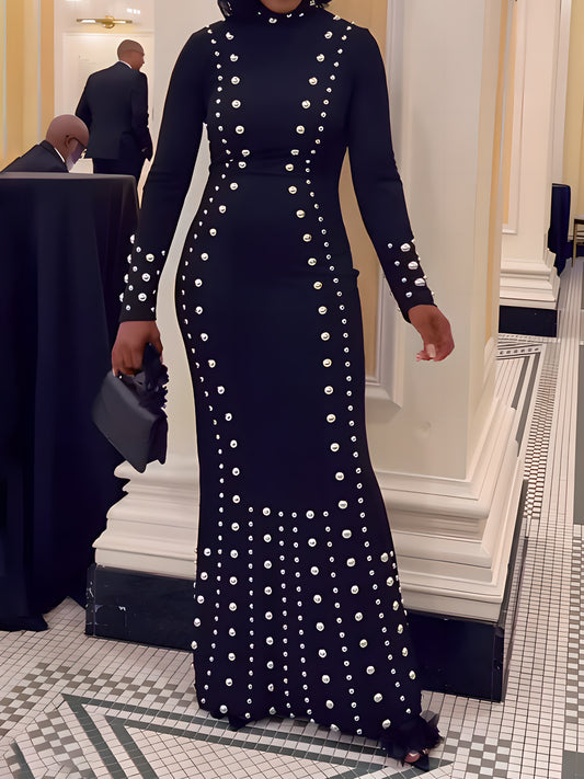 Elegant Mock Neck Studded Maxi Dress
