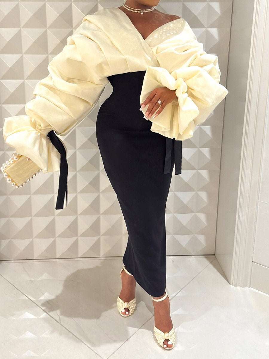 Pleated Sleeve Puff-Sleeve Slit Hem Cocktail Dress