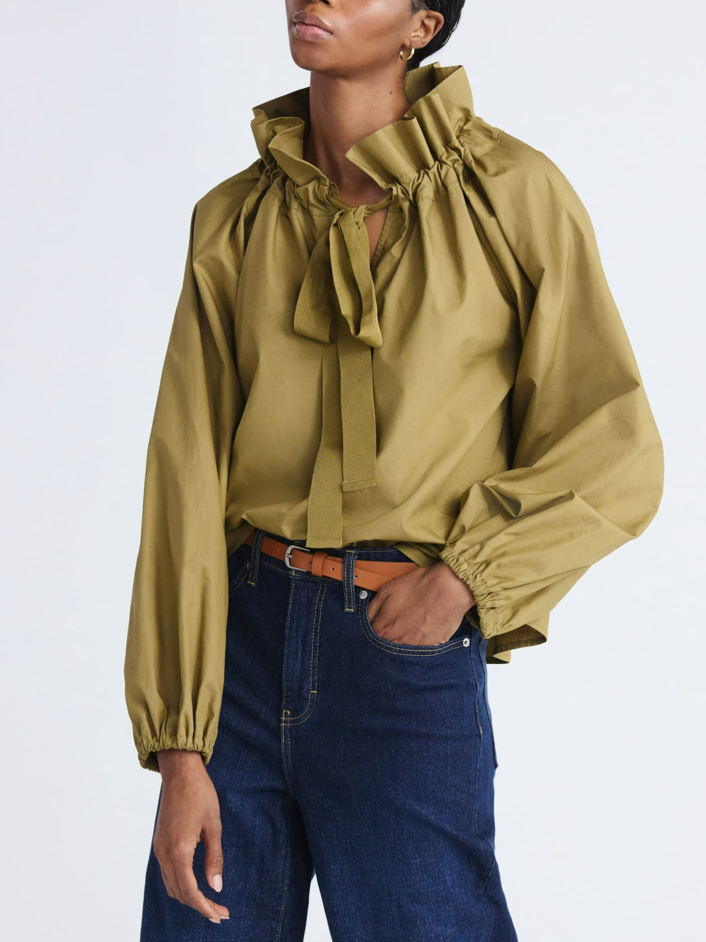 Women's Plus Size Ruffle Collar Cotton Long Sleeve Top