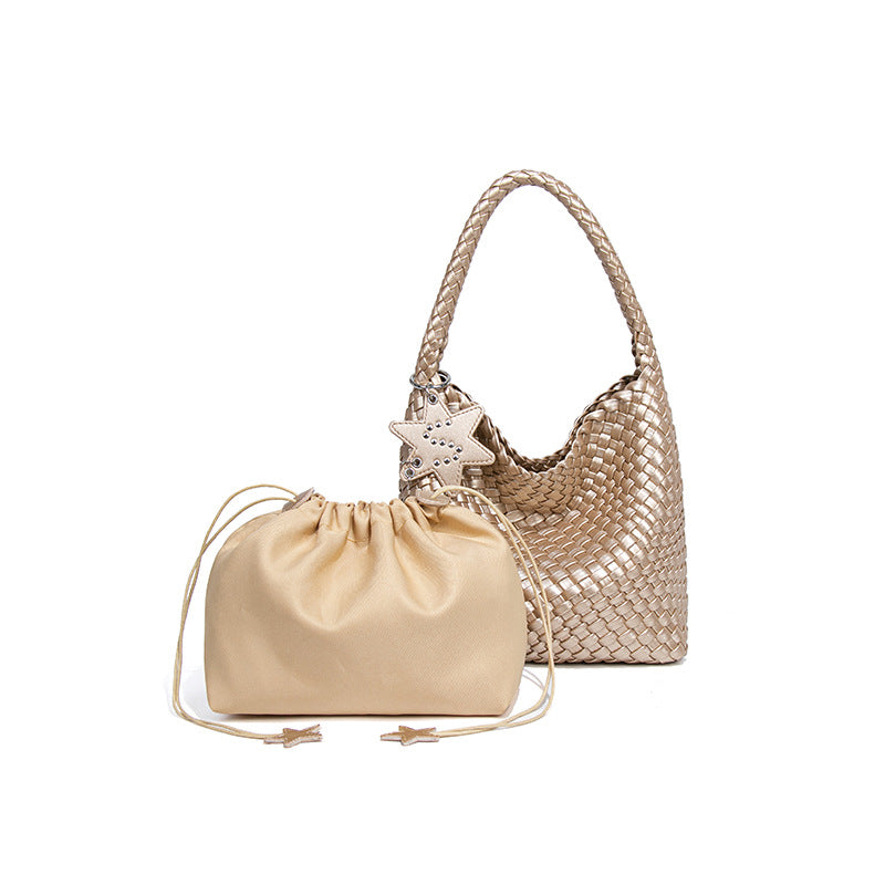 Woven Leather Shoulder Bag With Star Charm - Small
