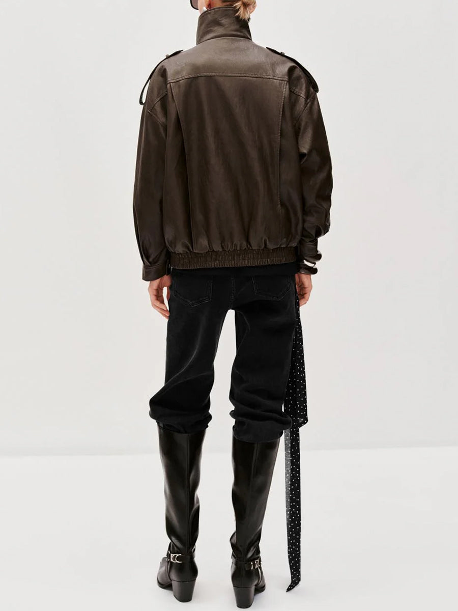 Tie Asymmetric Faux Leather Bomber Jacket