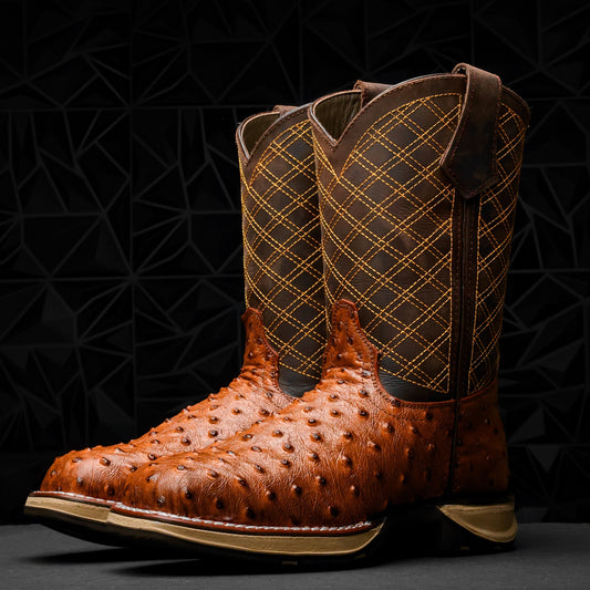 Cognac Ostrich Leather Boots - Composite Toe