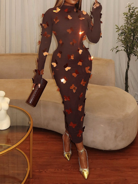3D Butterfly Brown Long Sleeve Midi Dress