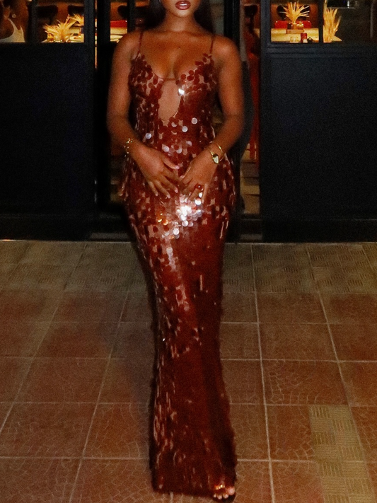 Zoraluxy Sequin Dress-Brown