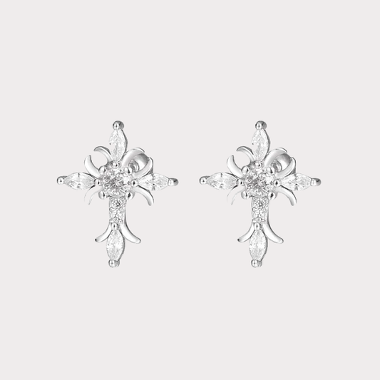 Sterling Silver Floral Cross Bullet Back Earring