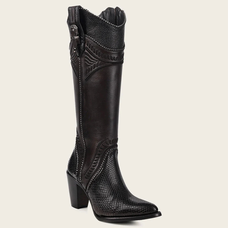 Black Python Knee High Boots
