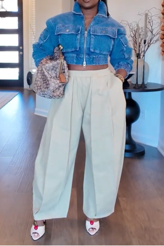 Cropped Denim Bomber Jacket