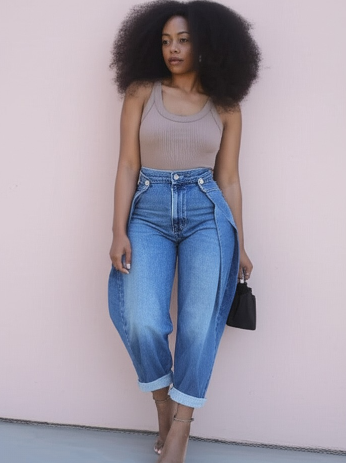 Round Wide-Leg Fold Jeans