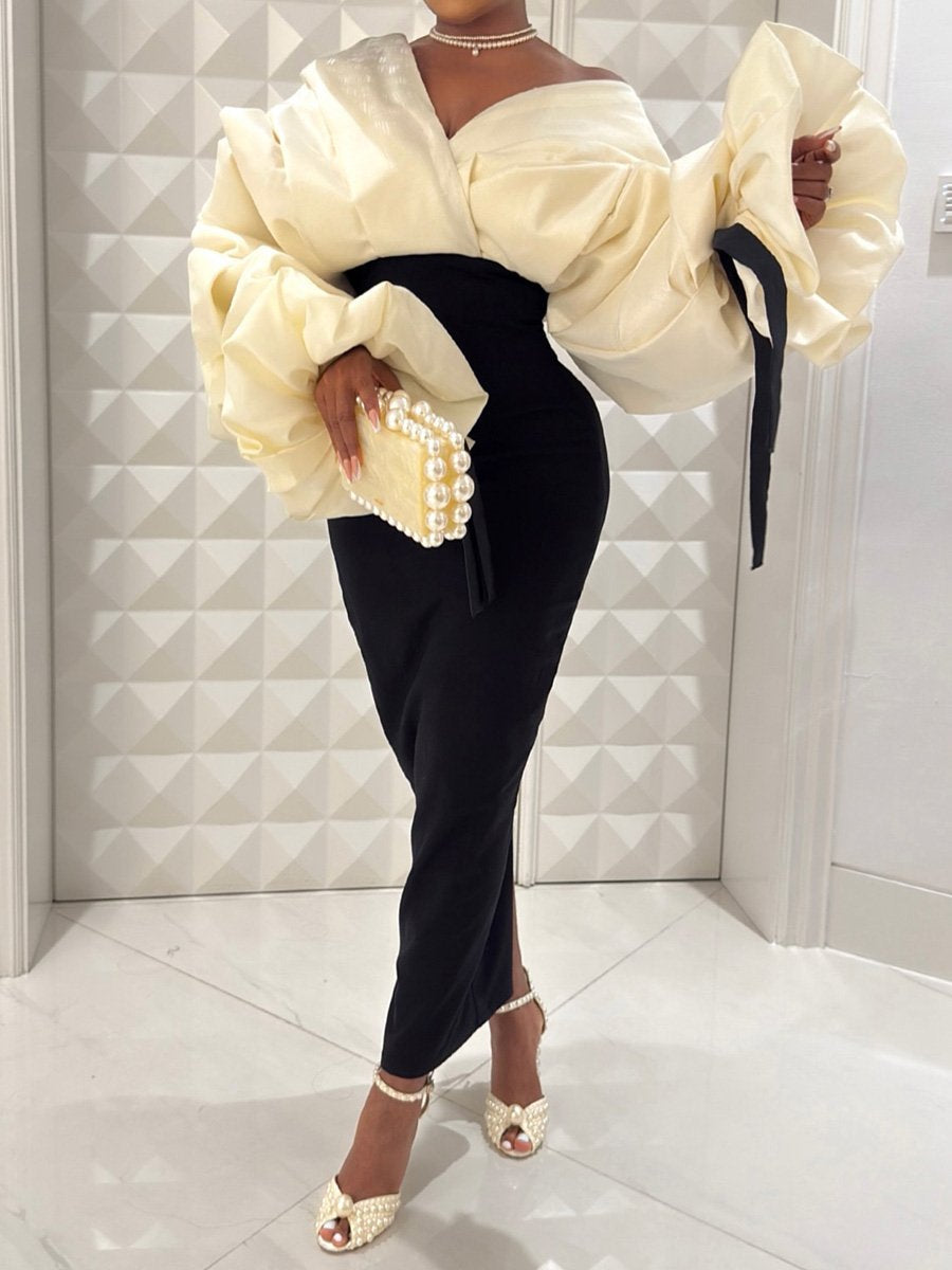 Pleated Sleeve Puff-Sleeve Slit Hem Cocktail Dress